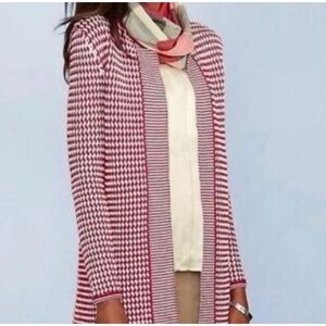 Talbots Cardigan Merino Wool Large Classic Longline Red/White Houndstooth Cozy